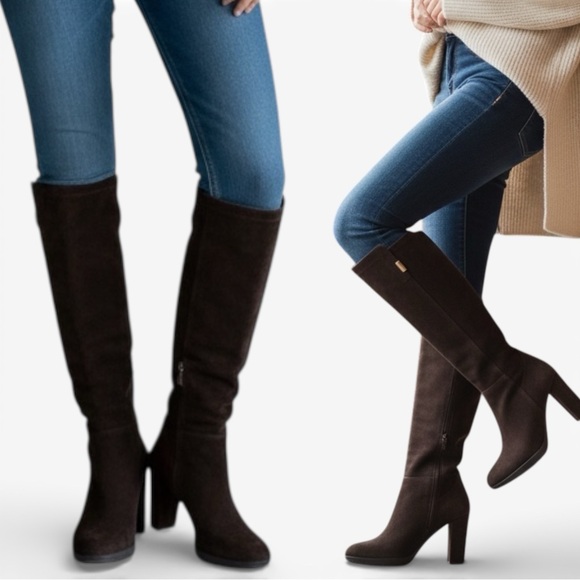 brouns couture Shoes - Black Suede Knee High Boots Women’s Size 9 Made in Italy Block High Heel Zip